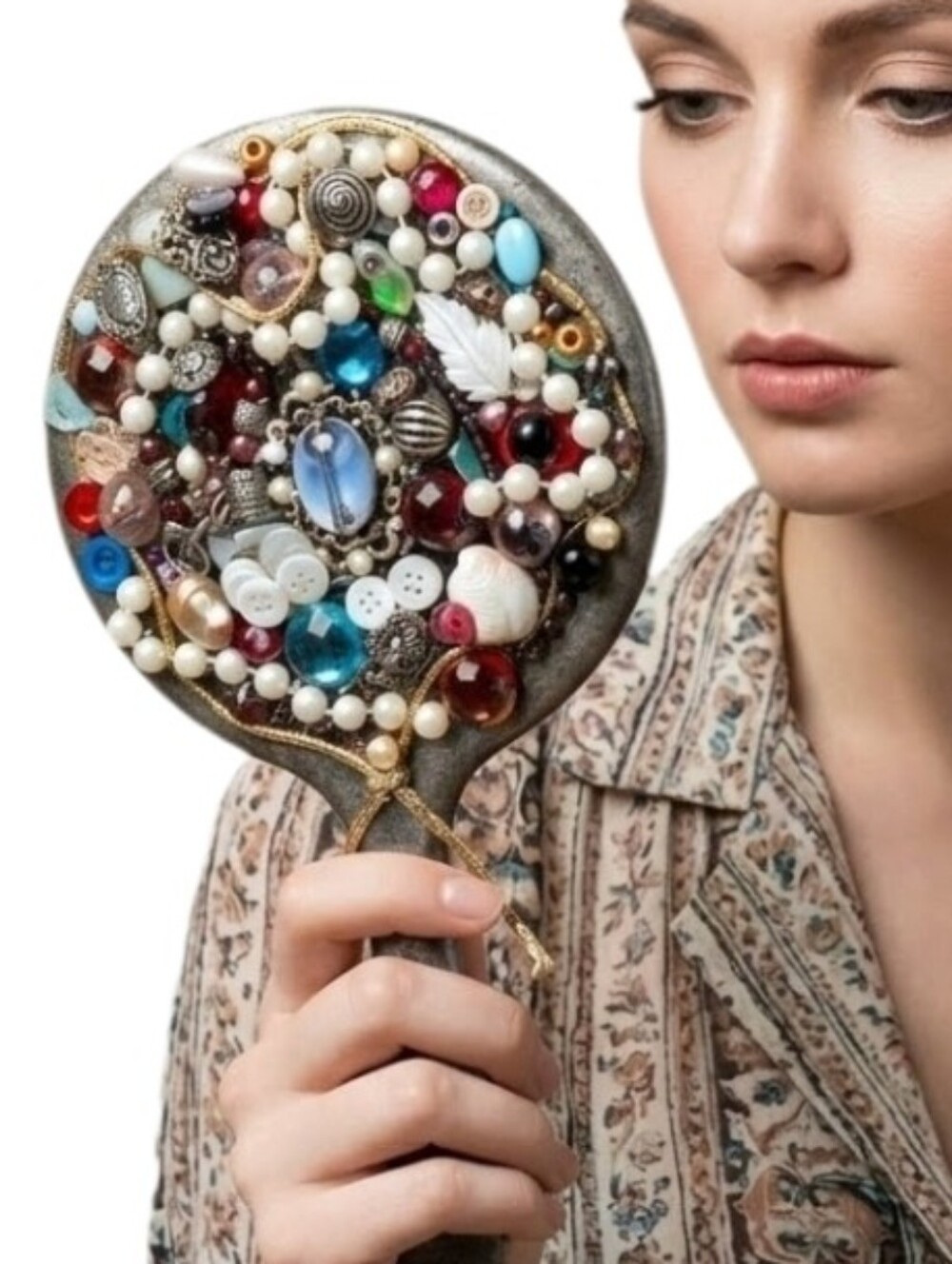 Upcycled Mirror Antique One of a Kind Jewelry And Beads Button Detail Red
